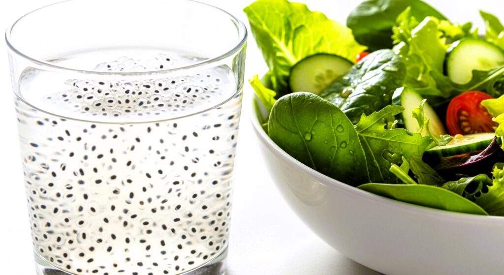 Soaked basil seeds showing the prebiotic gel coating that supports gut health and emotional stability.
