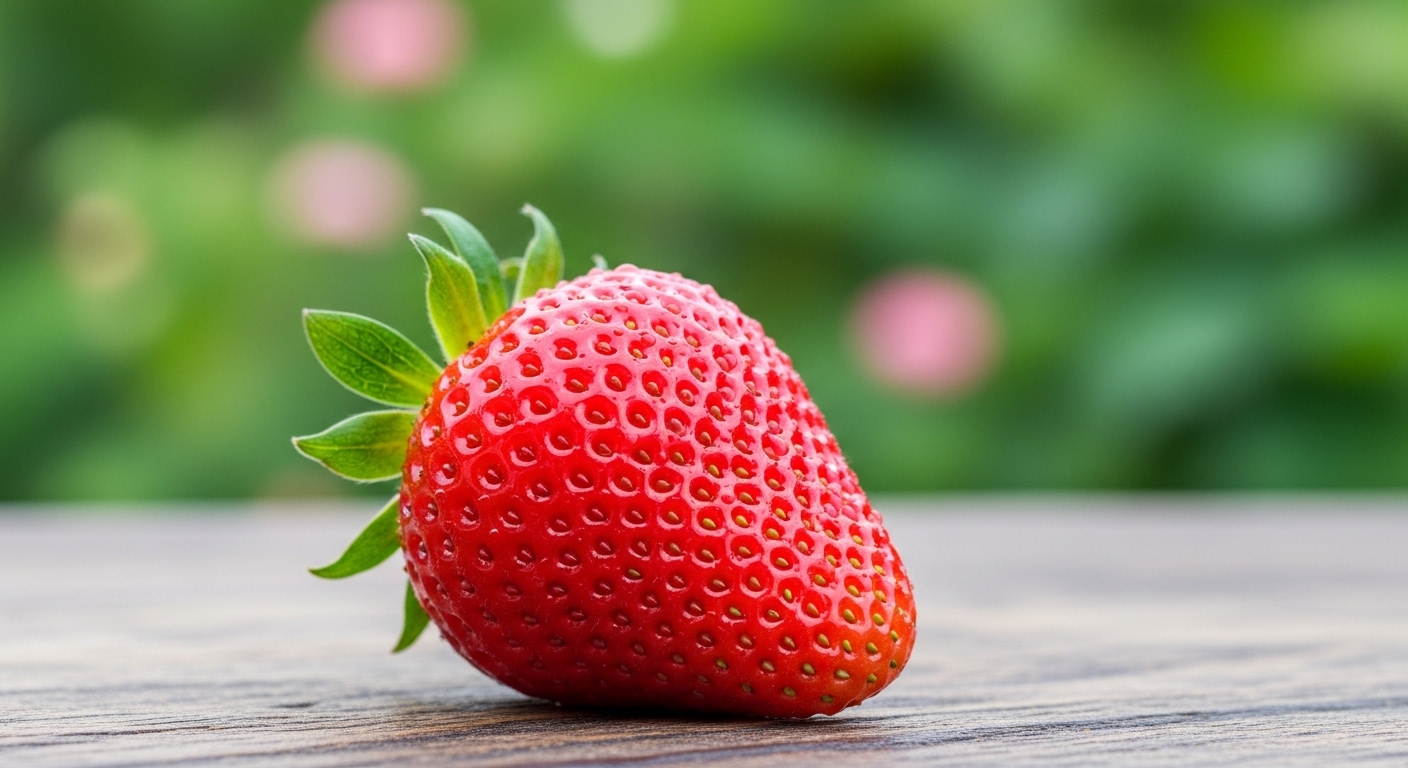 Fresh organic strawberry with water droplets, a healthy antioxidant-rich snack.