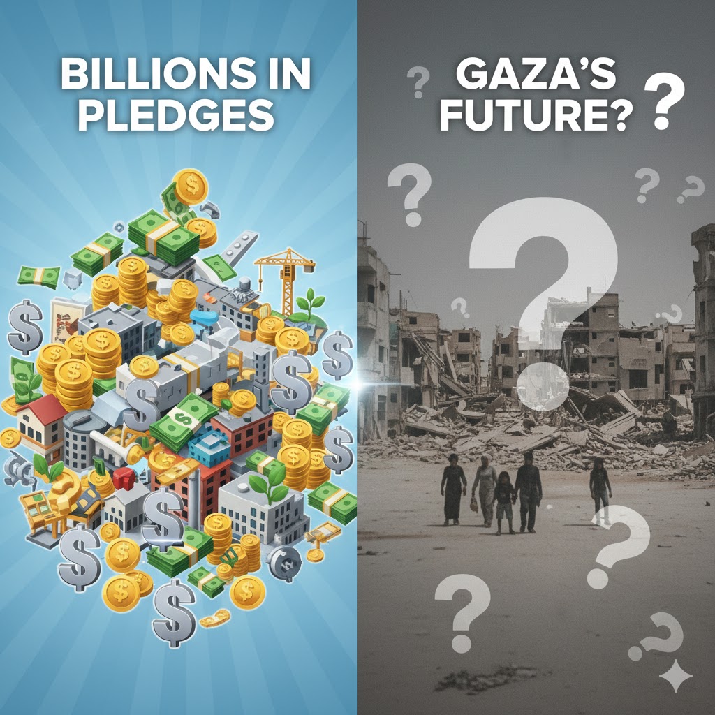 Left side showing billions in pledge icons (dollars, construction), right side faded images of Gaza ruins and question marks;
