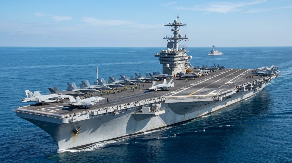 USS Abraham Lincoln aircraft carrier operating in the Arabian Sea during Operation Epic Fury, February 2026 (stock-style naval image)