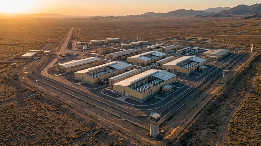 Aerial view of Iran's Natanz nuclear facility before military strikes, uranium enrichment site in desert landscape