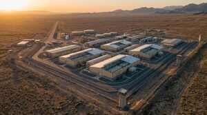 Aerial view of Iran's Natanz nuclear facility before military strikes, uranium enrichment site in desert landscape