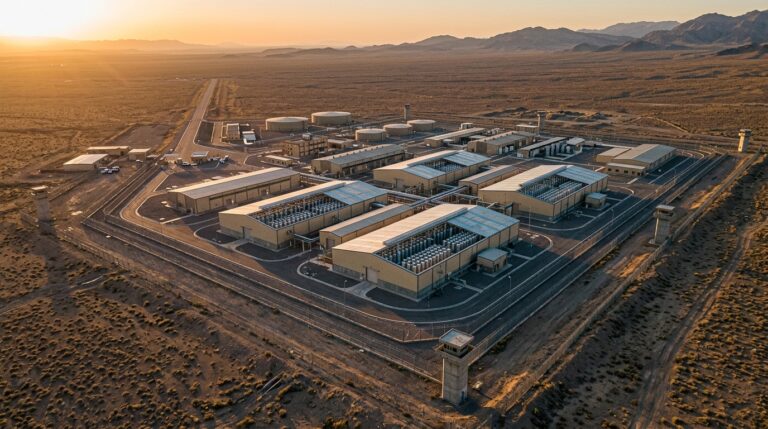 Aerial view of Iran's Natanz nuclear facility before military strikes, uranium enrichment site in desert landscape