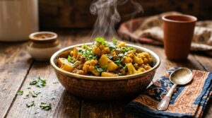 Aloo gobhi stir-fry with potatoes, cauliflower, and fresh cilantro, served hot in a traditional bowl representing Indian and Pakistani spring flavors.