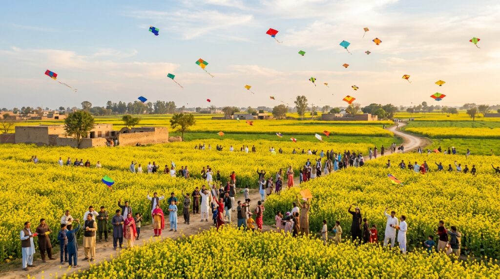 Mustard fields in Punjab, Pakistan, during Basant festival with kites flying in the spring sunlight.”