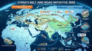 Map of China’s Belt and Road Initiative linking Asia to Europe via rail, ports, and pipelines.