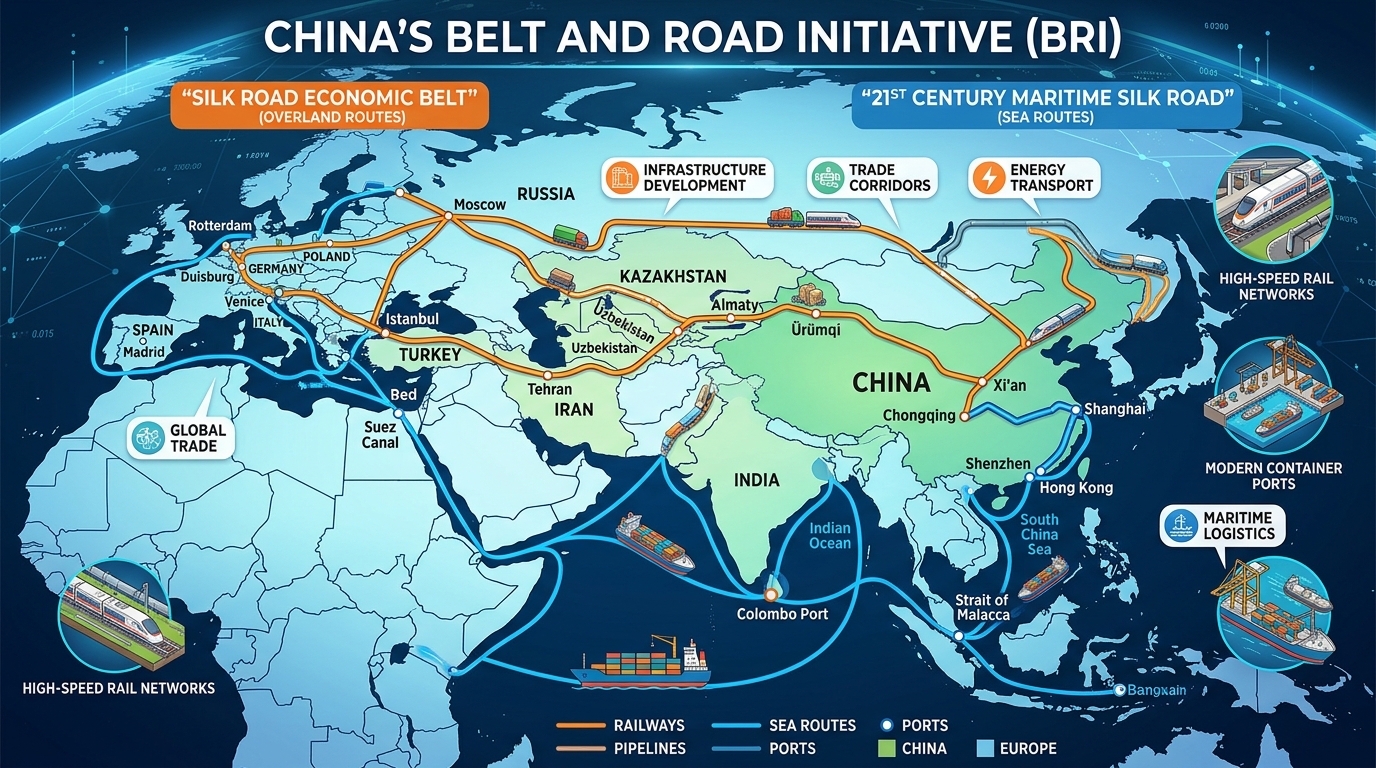 Map of China’s Belt and Road Initiative linking Asia to Europe via rail, ports, and pipelines.