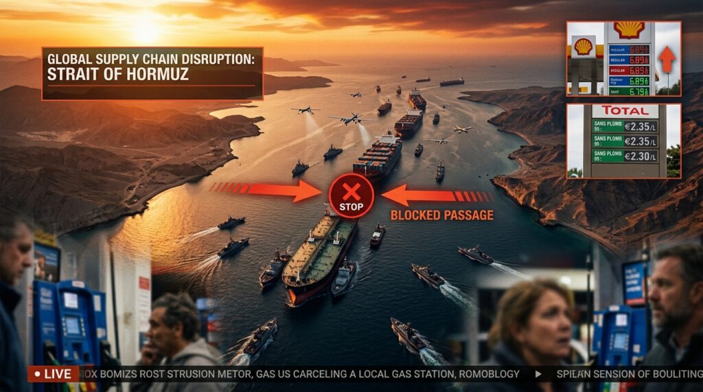 The Strait of Hormuz blocked by Iranian forces, with stalled oil tankers and rising gas prices affecting families in the US, Europe, and Canada during the 2026 war.