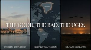 Triptych political illustration with overlay text “The Good. The Bad. The Ugly.” symbolizing contrasting foreign policy decisions during a modern U.S. presidency.