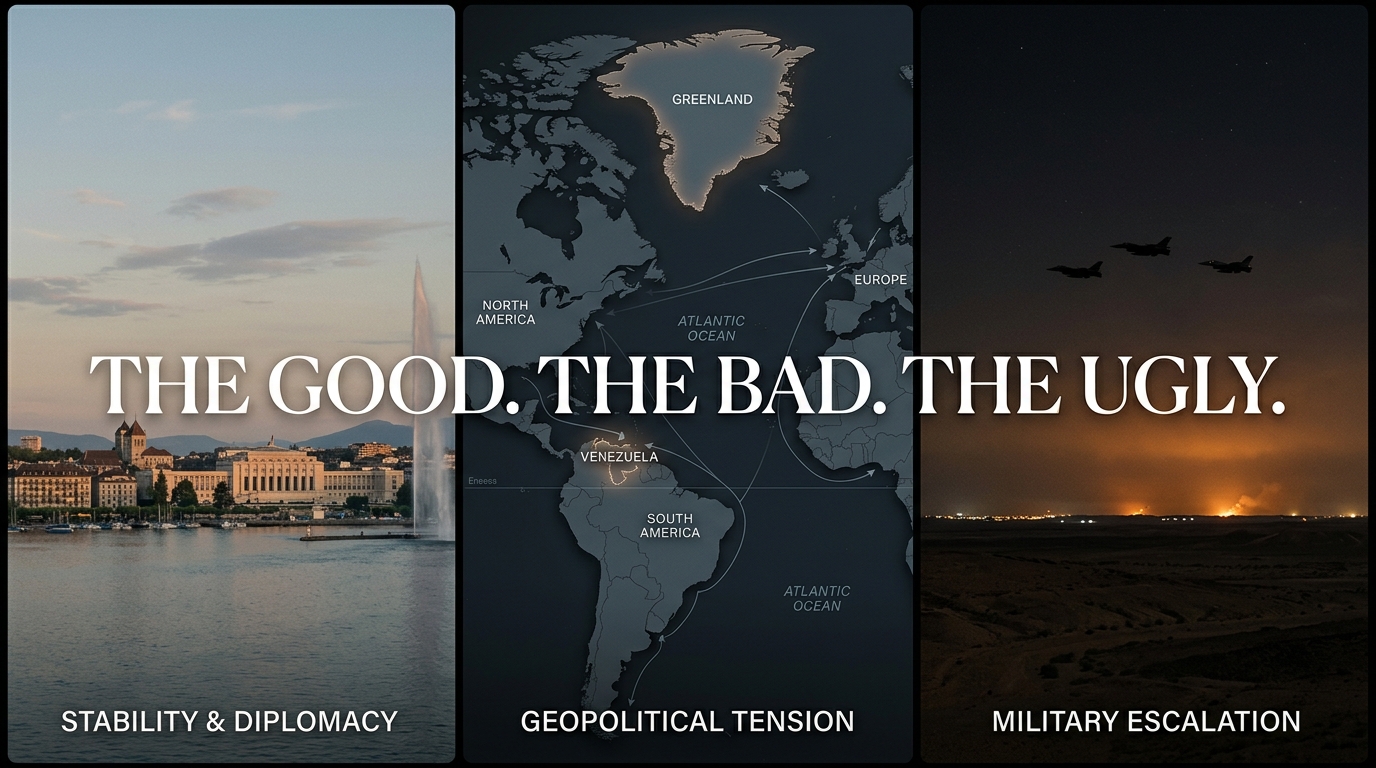 Triptych political illustration with overlay text “The Good. The Bad. The Ugly.” symbolizing contrasting foreign policy decisions during a modern U.S. presidency.