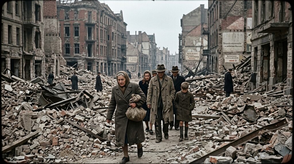 European city streets destroyed after WWII, civilians navigating rubble
