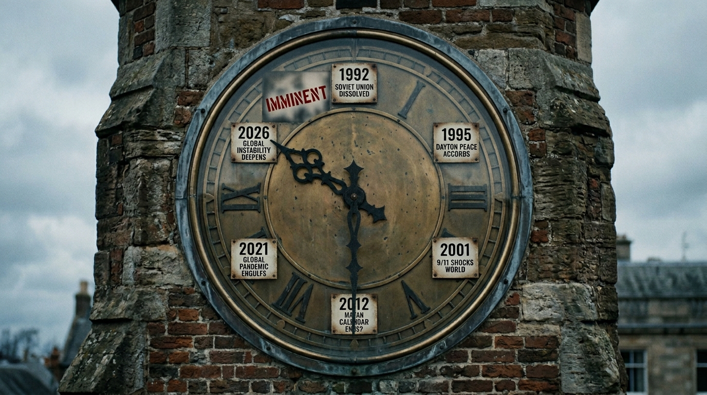 A symbolic clock face, with decades replacing numbers, showing the historical progression of warnings about an Iranian threat, concluding with the repeated concept of "Imminent."