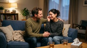 Couple reconciling after disagreement through apology.