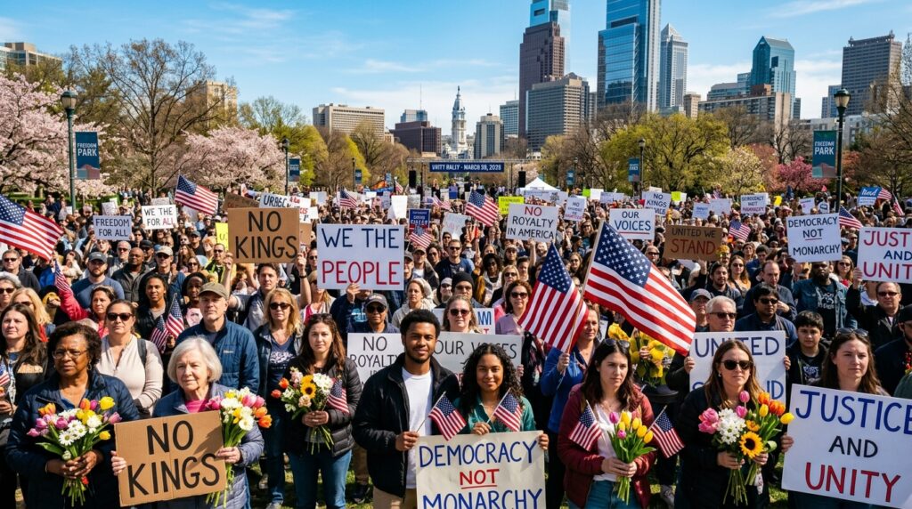 Massive peaceful crowd on March 28 2026, No Kings protests showing American unity and nonviolent resistance.