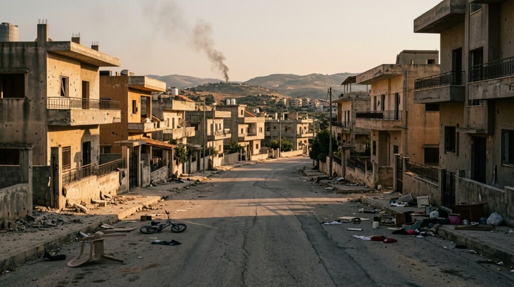 Damaged residential buildings and smoke in southern Lebanon after Israeli strikes with empty street and scattered belongings