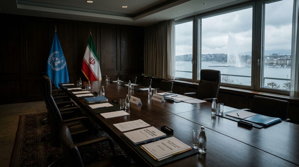 Empty Geneva negotiation room with Iranian and UN flags, abandoned diplomatic talks before Iran nuclear war