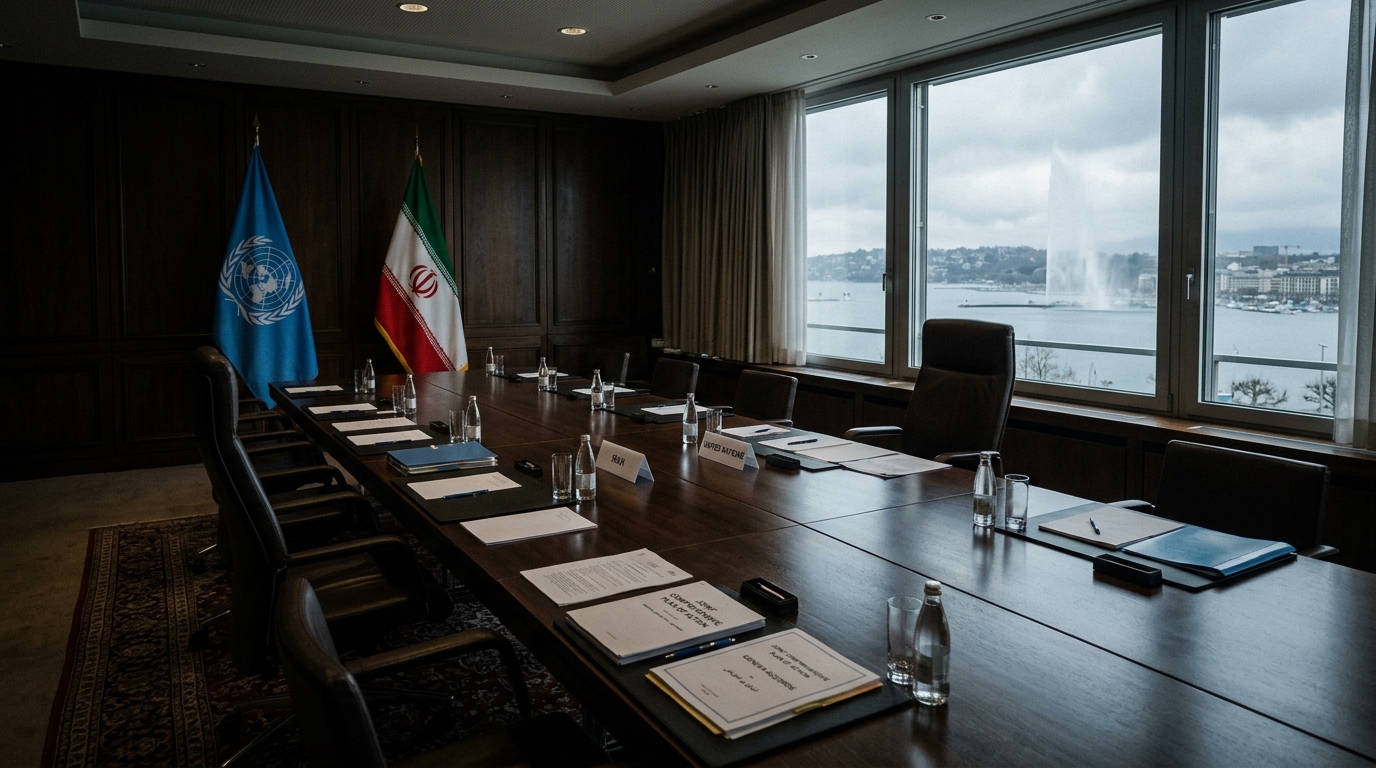Empty Geneva negotiation room with Iranian and UN flags, abandoned diplomatic talks before Iran nuclear war