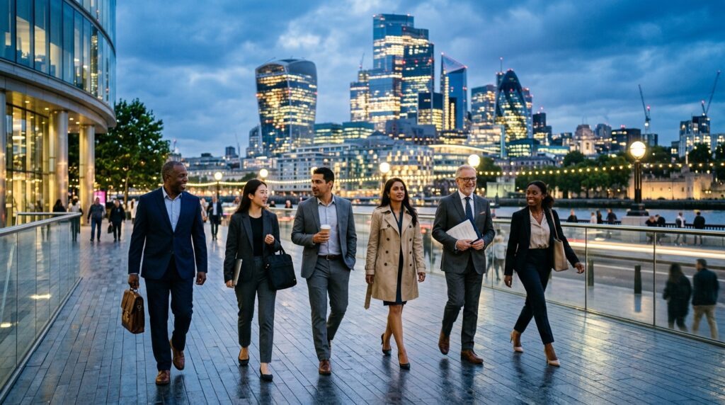 Diverse professionals walking in city representing purposeful life choices and avoiding regret.