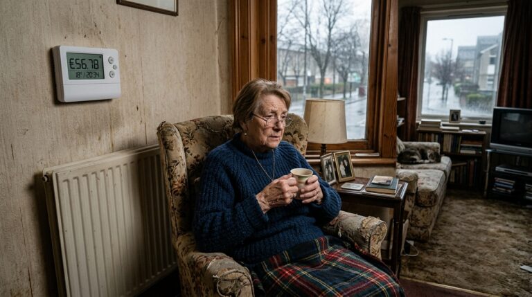 European living room with elderly woman in sweater near thermostat showing high energy prices due to Iran war disruptions