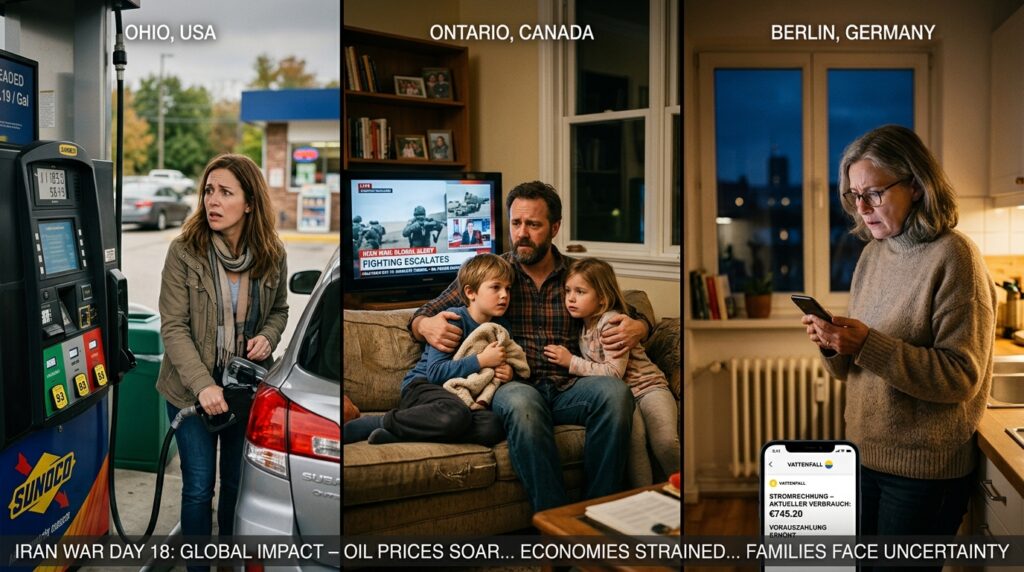 Ordinary families in Ohio, Ontario, and Berlin feeling the real impact of rising gas and energy prices caused by the 2026 Iran conflict and Strait of Hormuz disruptions.