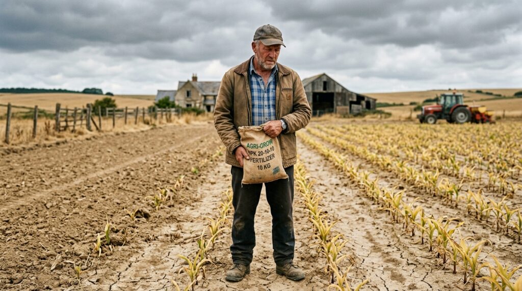 Farmer facing fertilizer shortage and reduced crop yield