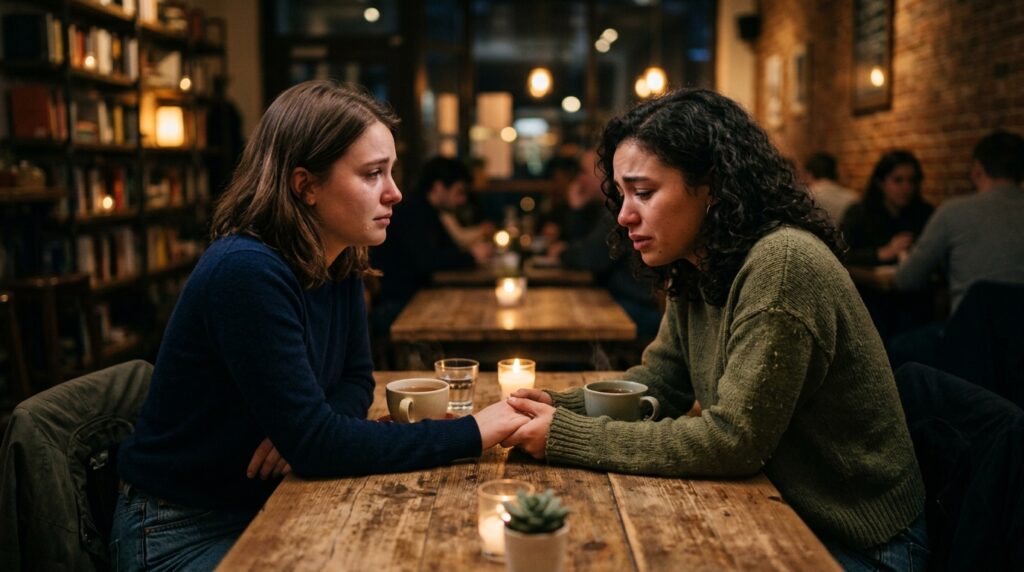 Two friends having an emotional conversation where one sincerely apologizes.