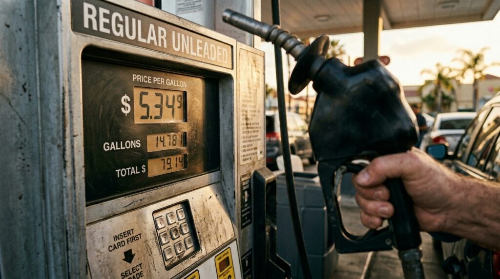 Close up of California gas pump display showing $5.34 per gallon with hand holding nozzle representing rising fuel costs from Iran conflict