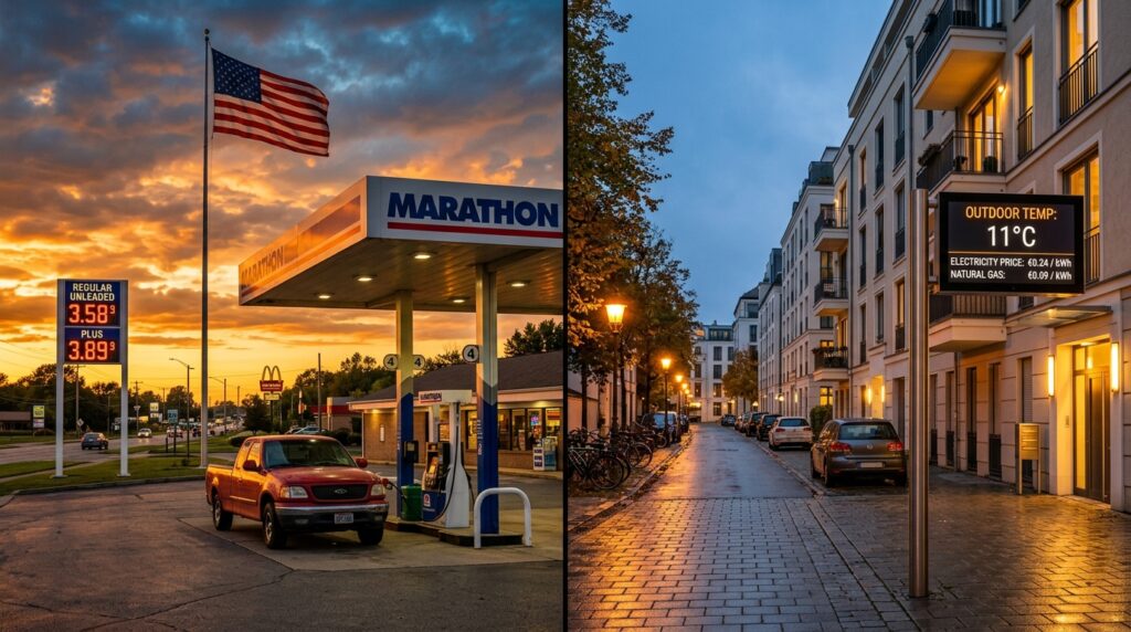 Split screen image showing American gas station with $3.58 price sign and European residential street with energy display symbolizing different economic impacts of Iran war