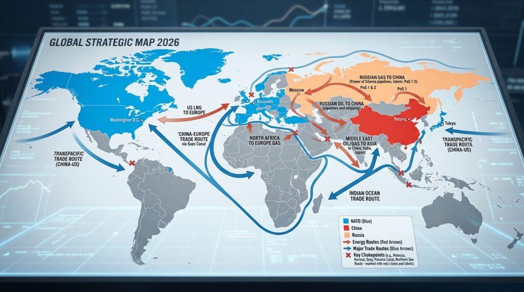 Global strategic map showing major powers and key trade and energy routes in 2026