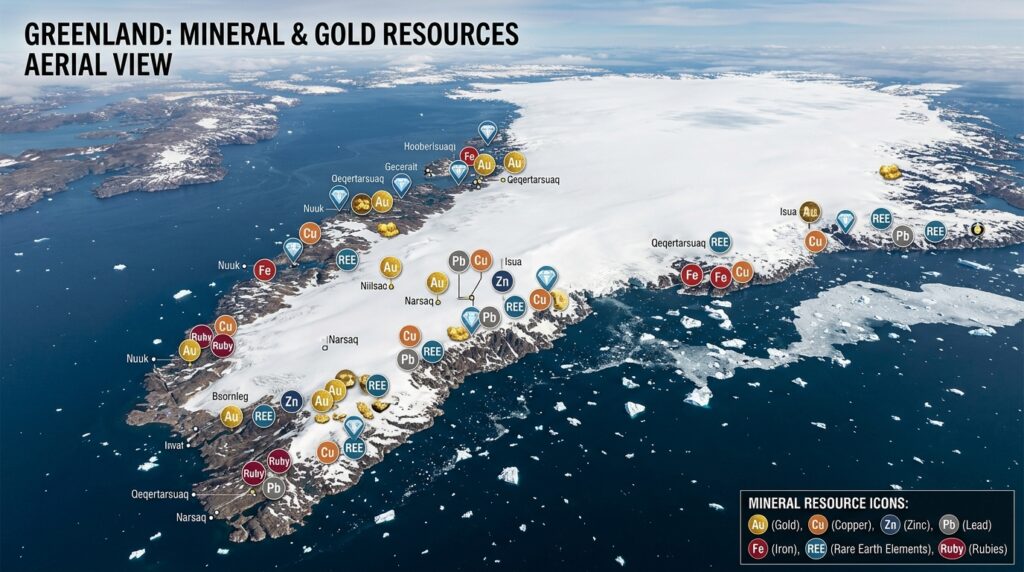Greenland aerial view with gold and mineral icons overlay