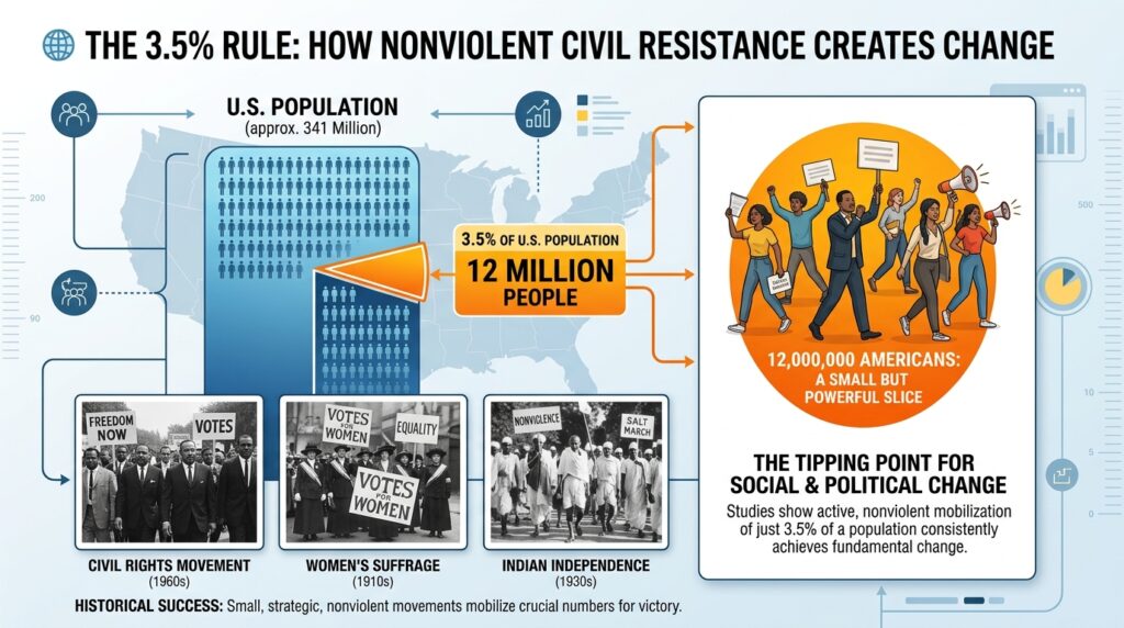Visual explanation of the 3.5 per cent rule linked to No Kings protests and nonviolent resistance history.