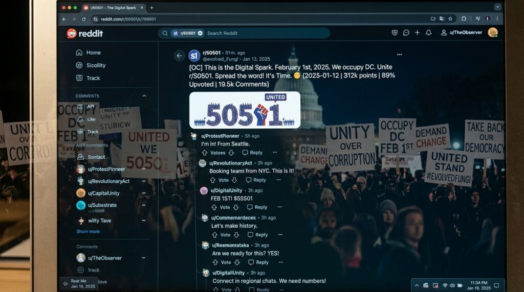 Original 50501 Reddit post from January 2025 that launched the movement leading to March 28 2026 No Kings protests.