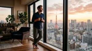 Person reflecting by a window at sunrise symbolizing thoughtful life decisions and avoiding regret.