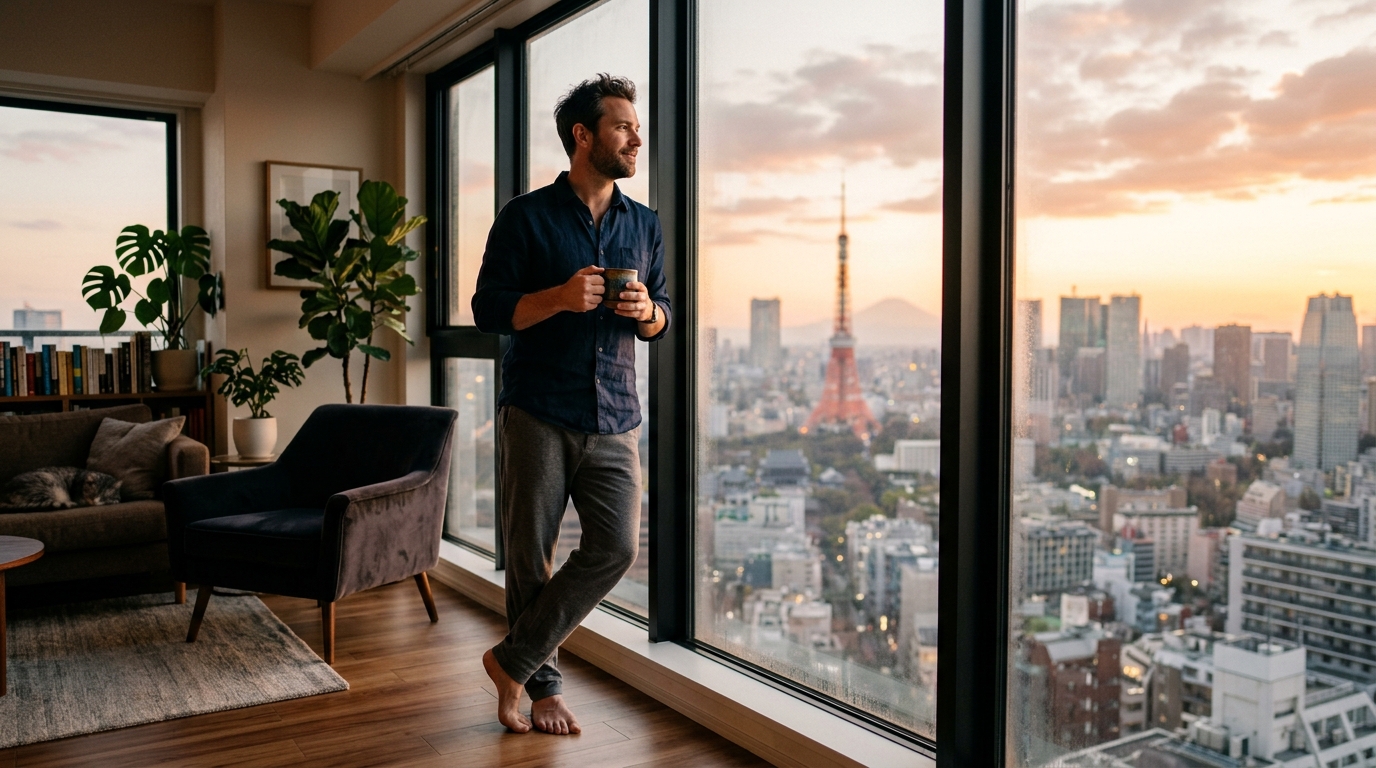 Person reflecting by a window at sunrise symbolizing thoughtful life decisions and avoiding regret.