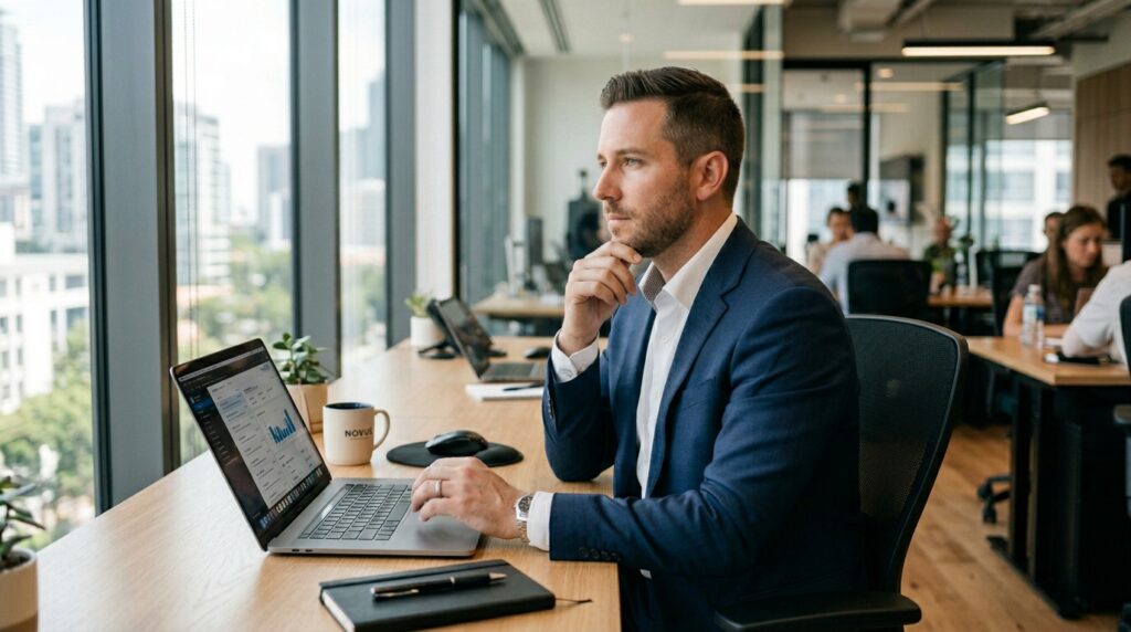 Professional pausing thoughtfully before replying to an email.