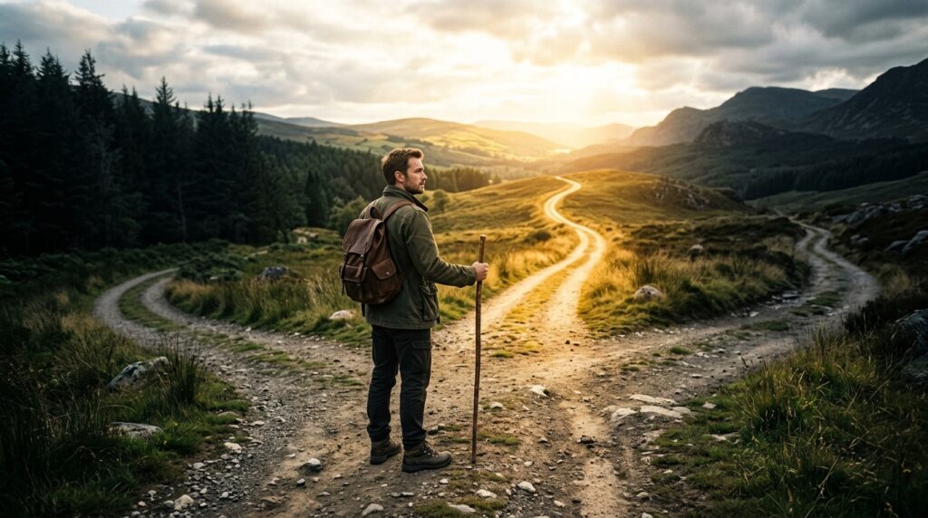 Person standing at crossroads representing important life decisions and missed opportunities.