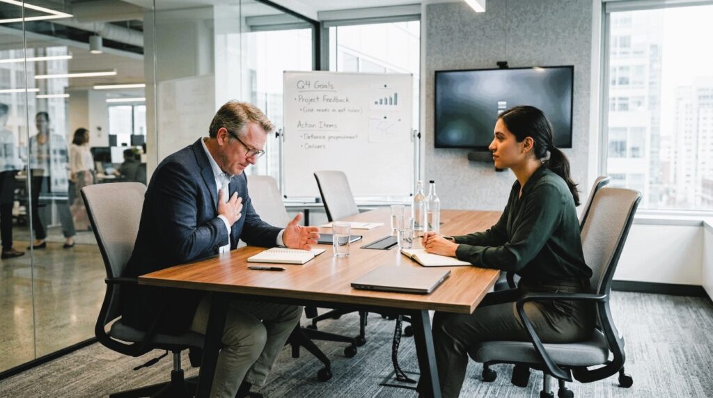 Manager offering apology to employee in workplace setting.