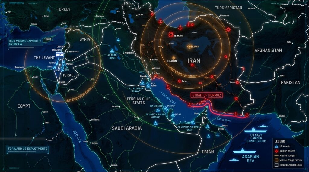Military theatre map of the U.S.–Israel–Iran war showing missile ranges, Gulf bases and aircraft carrier group