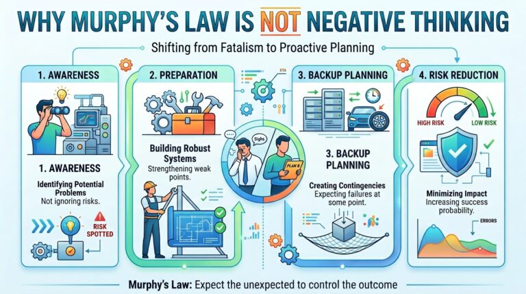 Why Murphy’s Law Is Not Negative Thinking Some people misunderstand Murphy’s Law as defeatist thinking. But it’s actually the opposite. It encourages: Awareness Preparation Backup planning Risk reduction
