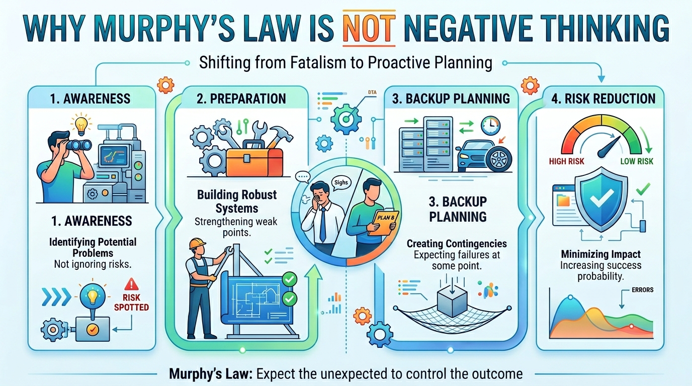 Why Murphy’s Law Is Not Negative Thinking Some people misunderstand Murphy’s Law as defeatist thinking. But it’s actually the opposite. It encourages: Awareness Preparation Backup planning Risk reduction