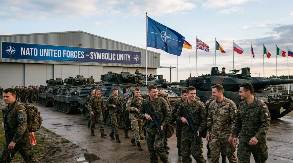 NATO United Forces – European troops mobilized, symbolic unity.