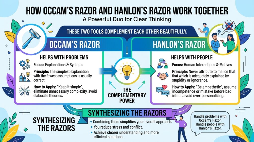 Illustration Hanlon’s Razor helps with people.Occam’s Razor helps with problems.