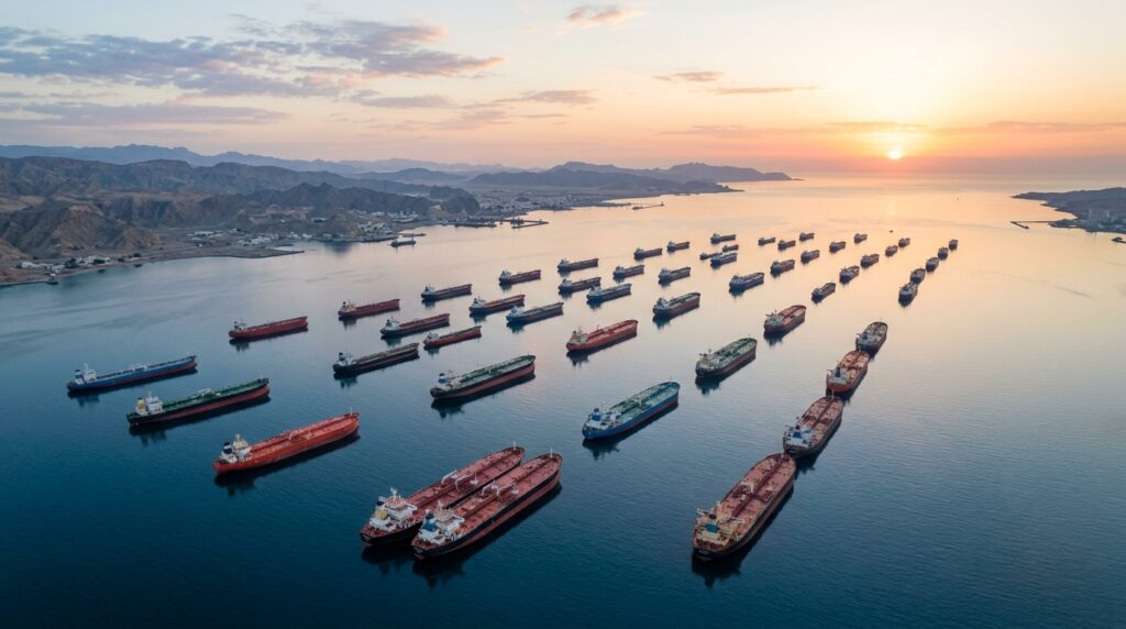 Aerial view of oil tankers anchored and waiting in Strait of Hormuz after Iran conflict disrupted global shipping