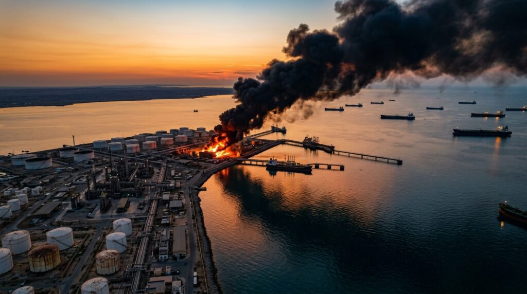 Aerial view of Kharg Island Iran oil terminal burning after US strikes with smoke plume rising over Persian Gulf at sunset