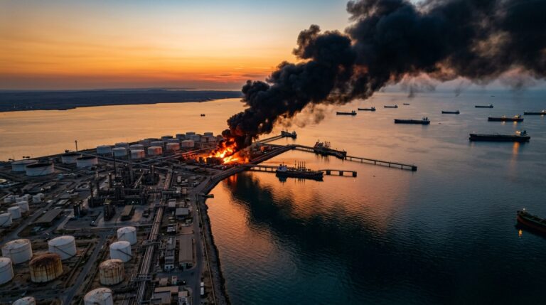 Aerial view of Kharg Island Iran oil terminal burning after US strikes with smoke plume rising over Persian Gulf at sunset