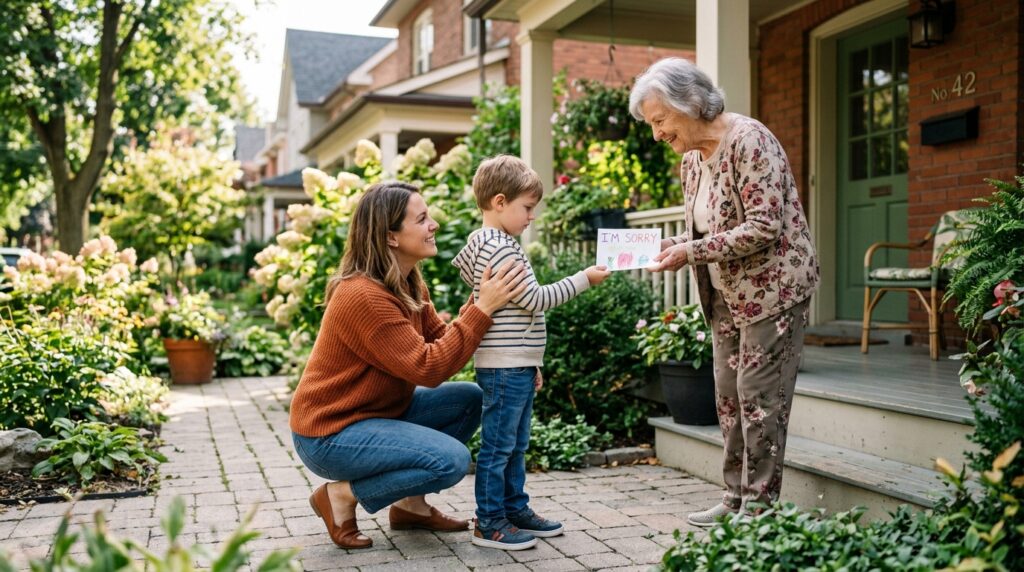Parent teaching child to apologize after making a mistake.