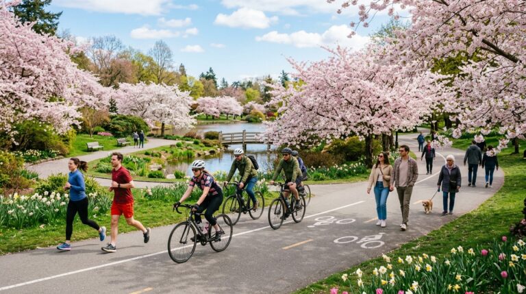 People enjoying outdoor activities like jogging and cycling in a spring park filled with blooming flowers.”