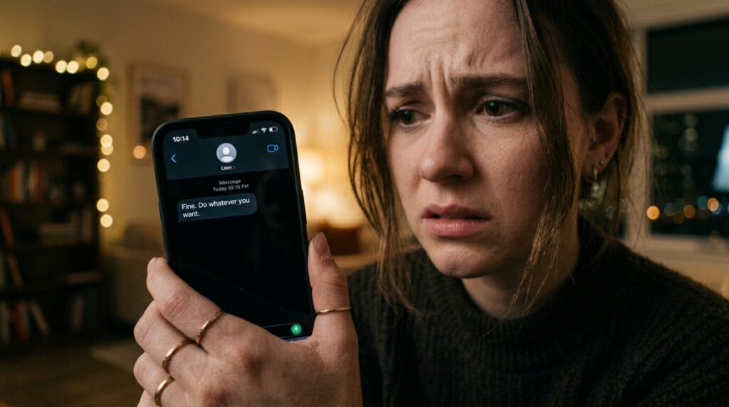 Person reading a confusing text message with a worried expression.