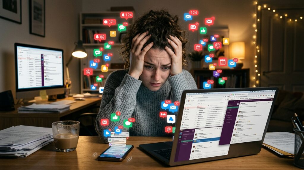 Overwhelmed person surrounded by digital notifications symbolizing modern information overload.
