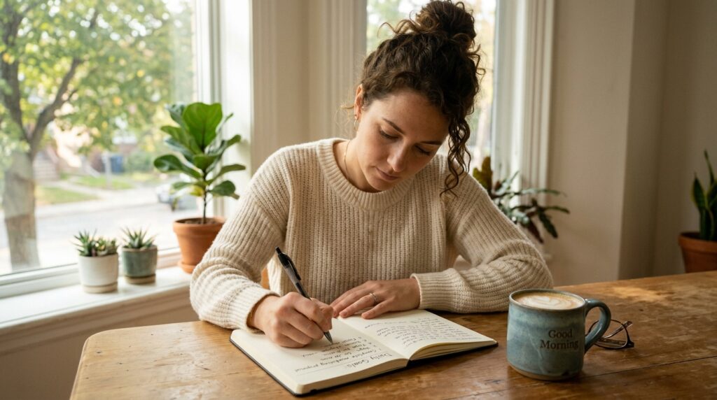 A person planning daily habits in a notebook to build consistent routines.